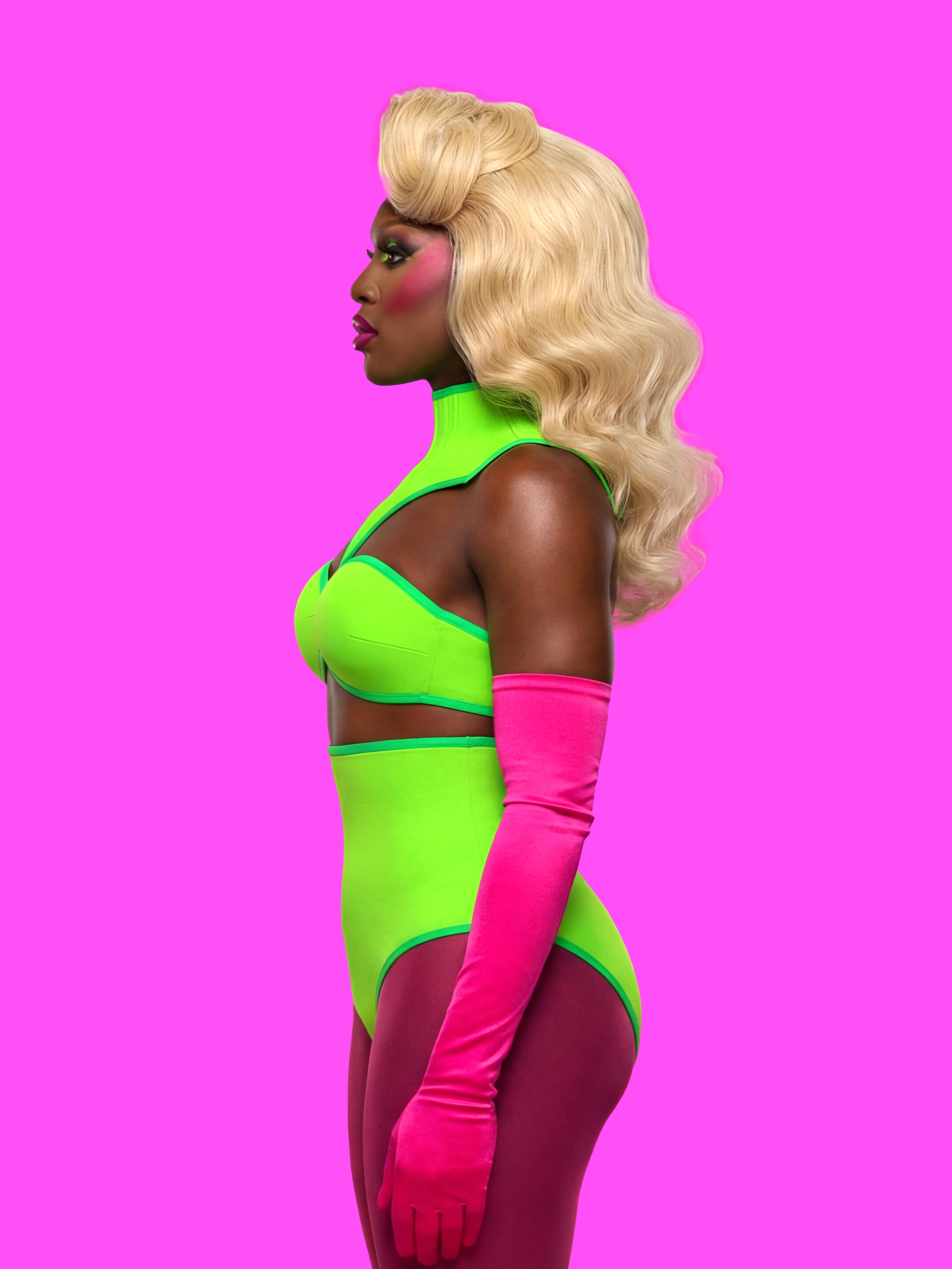 Extended V Pointed Shoulder Corset Harness Sewing Pattern for drag queens goth alternative halloween costume outfit leather by katkow front green model side