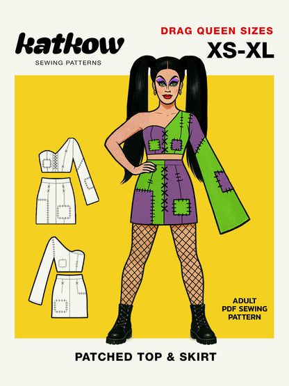 Frankenstein Patchwork Top & Skirt Set (XS-XL) Drag Queen Halloween Costume Sewing Pattern by Katkow illustration cover
