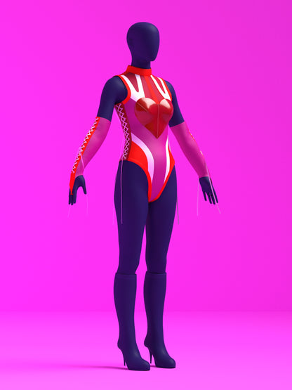 Heart Leotard Color-Block Sewing Pattern for drag queens valentines costume dancewear stretch catsuit bodysuit cutouts by Katkow Pink angle