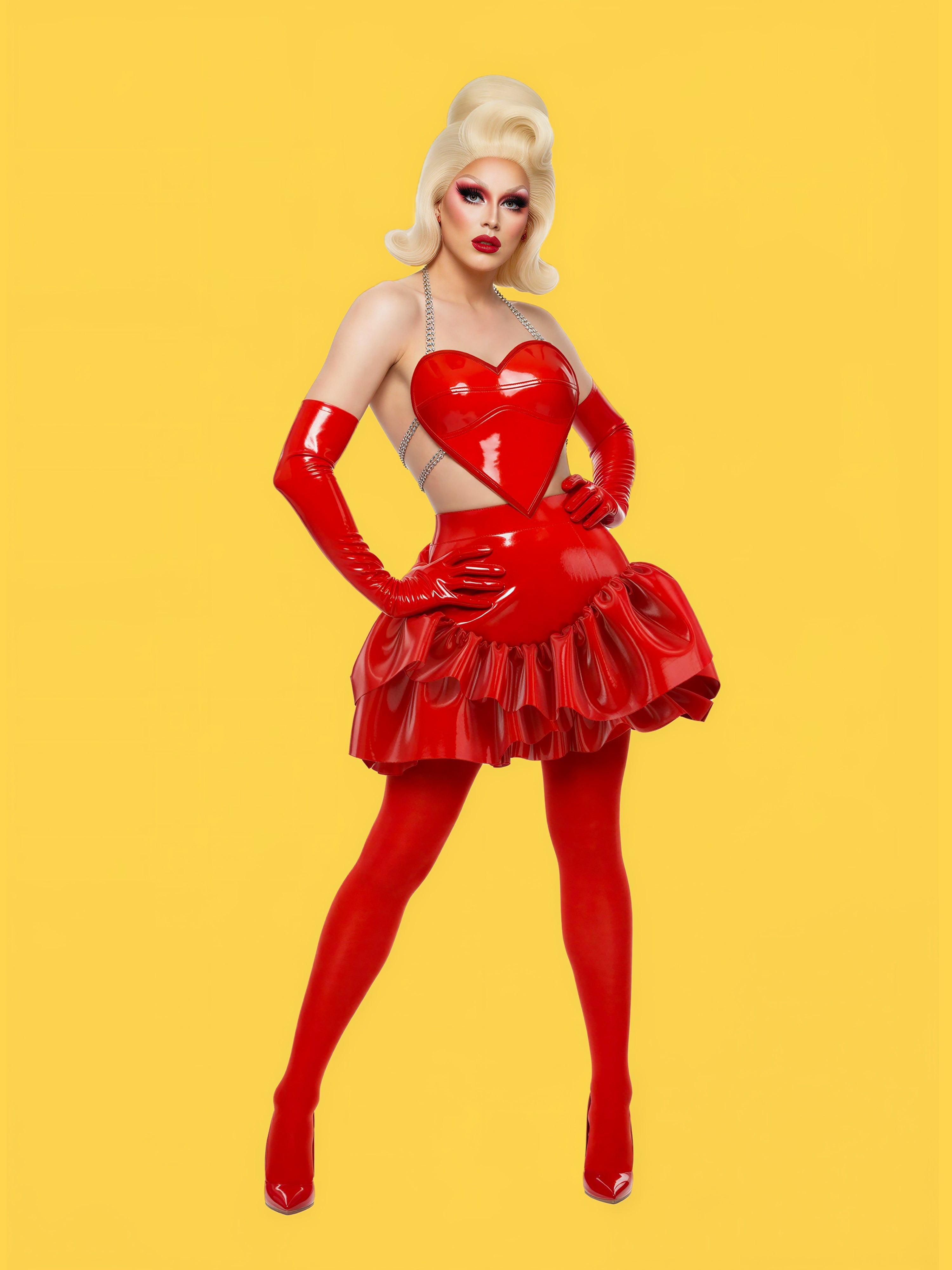 heart plate top sewing pattern for drag queens valentines day costume outfit by Katkow Sour Mandy drag model