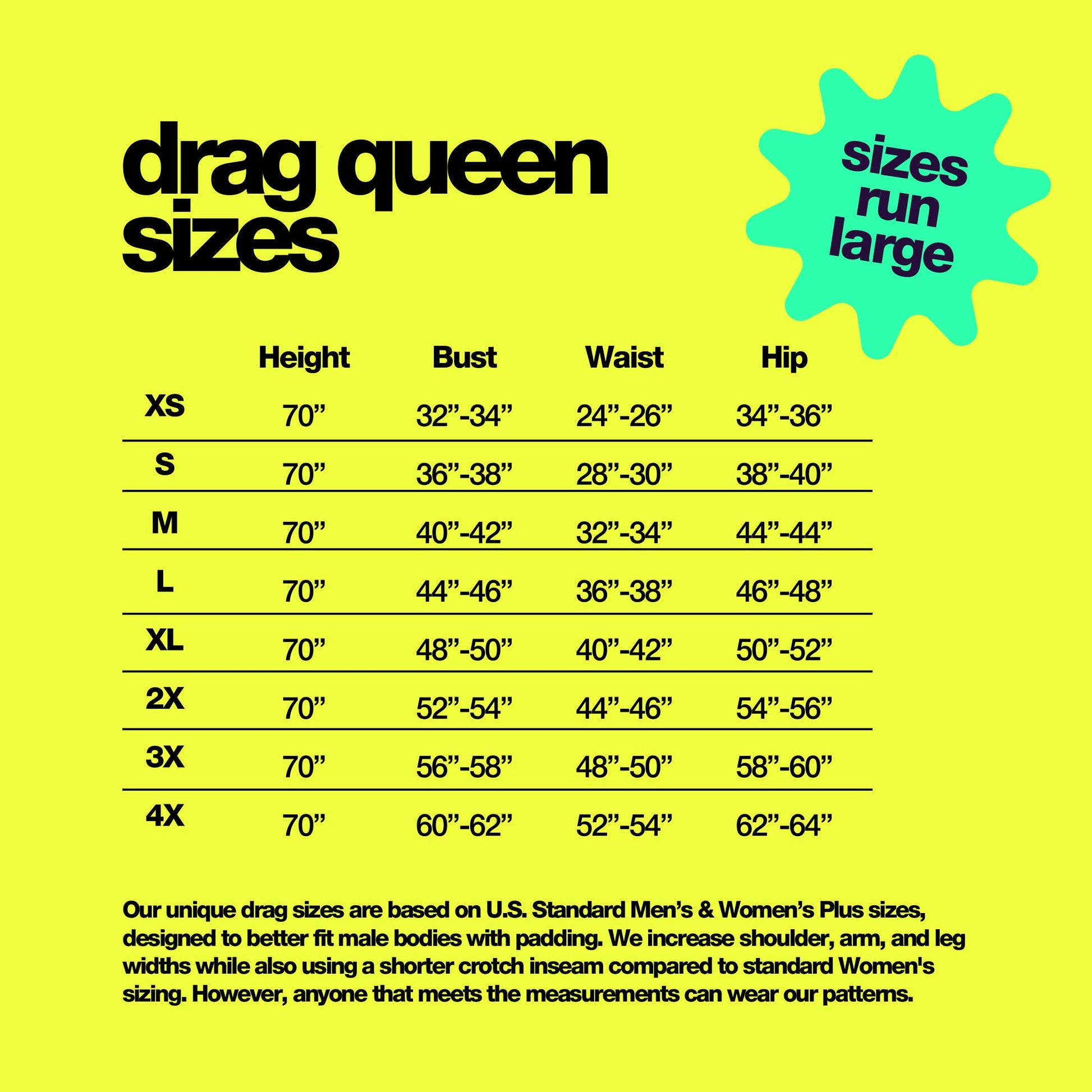 katkow drag queen bodysuit and leggings sewing pattern set size chart