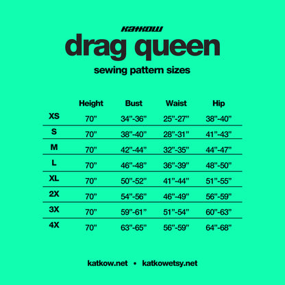 katkow drag queen bee corset sewing pattern size chart