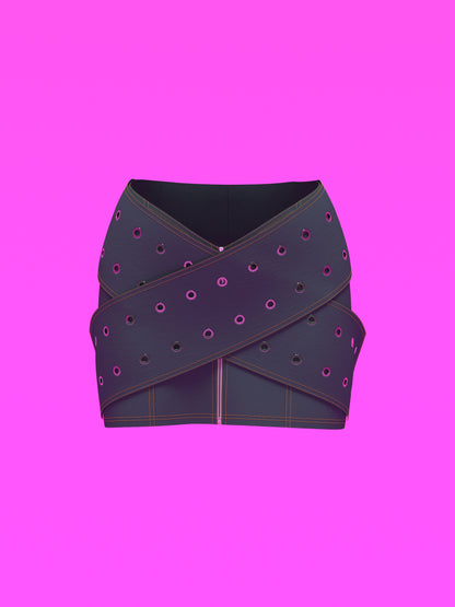 Oversized Crossed Belt Mini Skirt Sewing Pattern for drag queens y2k doll style costume by Katkow front denim