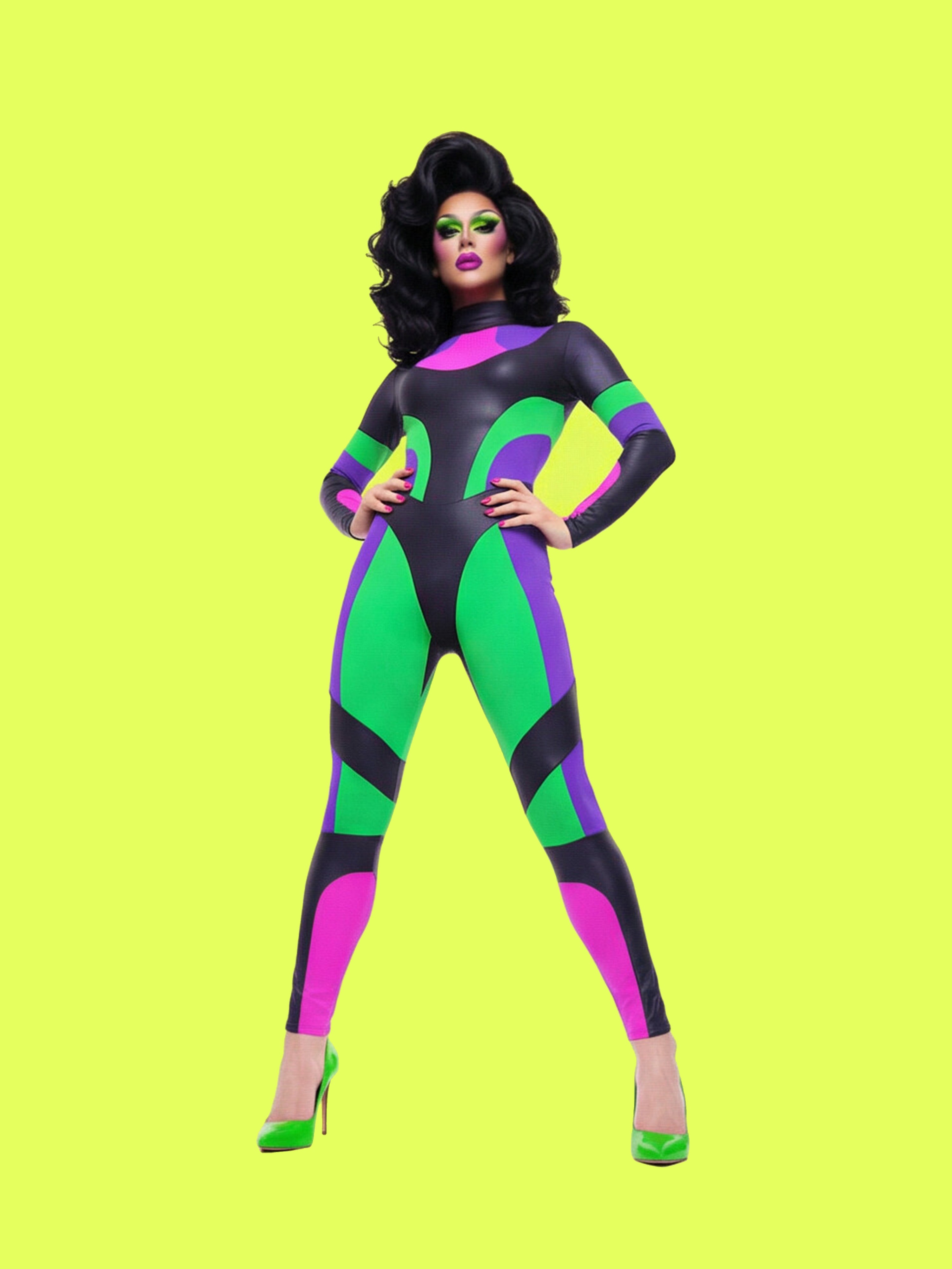 paneled catsuit sewing pattern for drag queens modeled by sour mandy drag queen by katkow costume bodysuit leotard colorblock