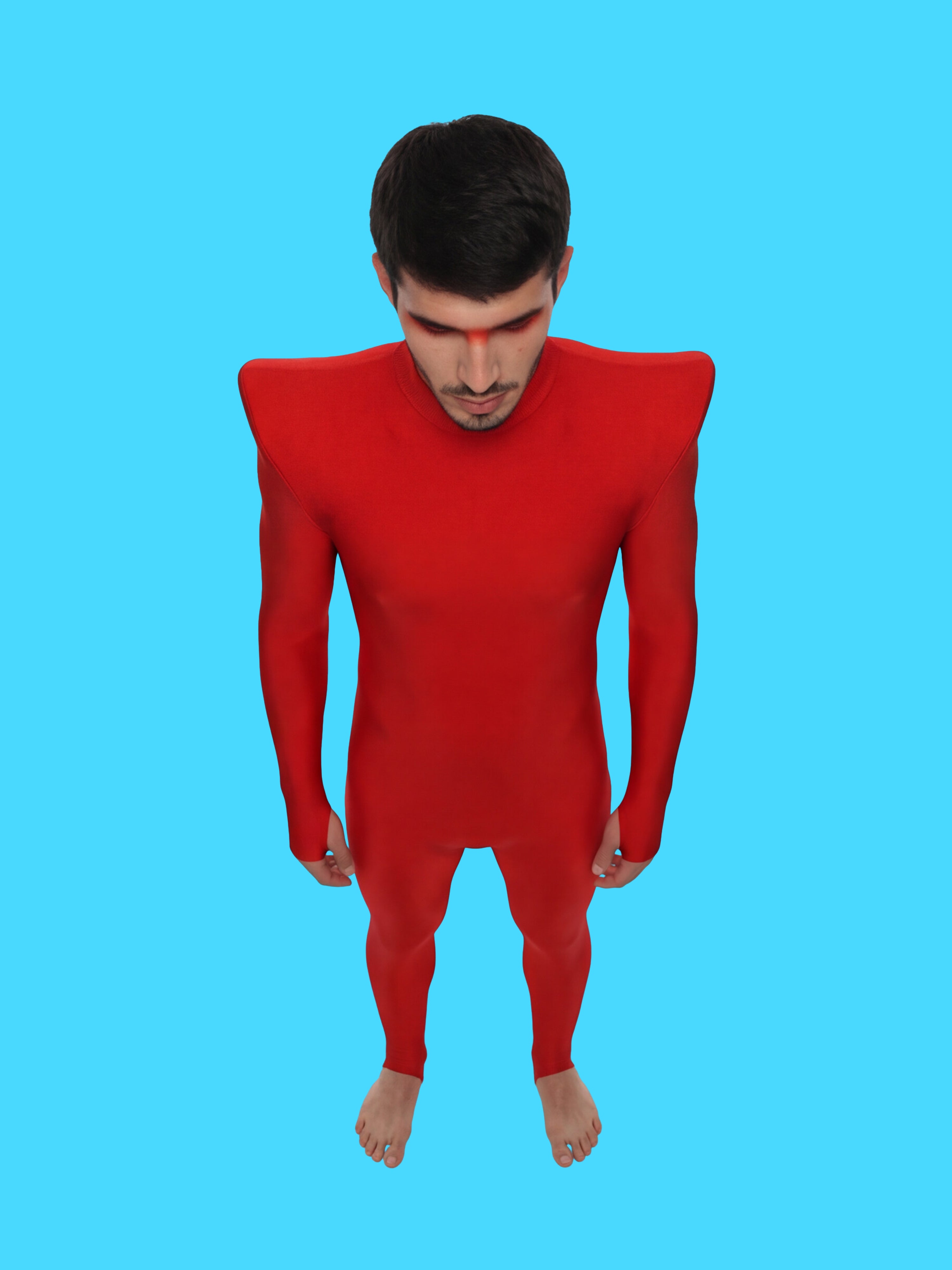 Men's Pointed Shoulder Catsuit Sewing Pattern for cosplay and superhero suit builds stretch bodysuit dancewear costume onesie adult jumpsuit by Katkow front model high