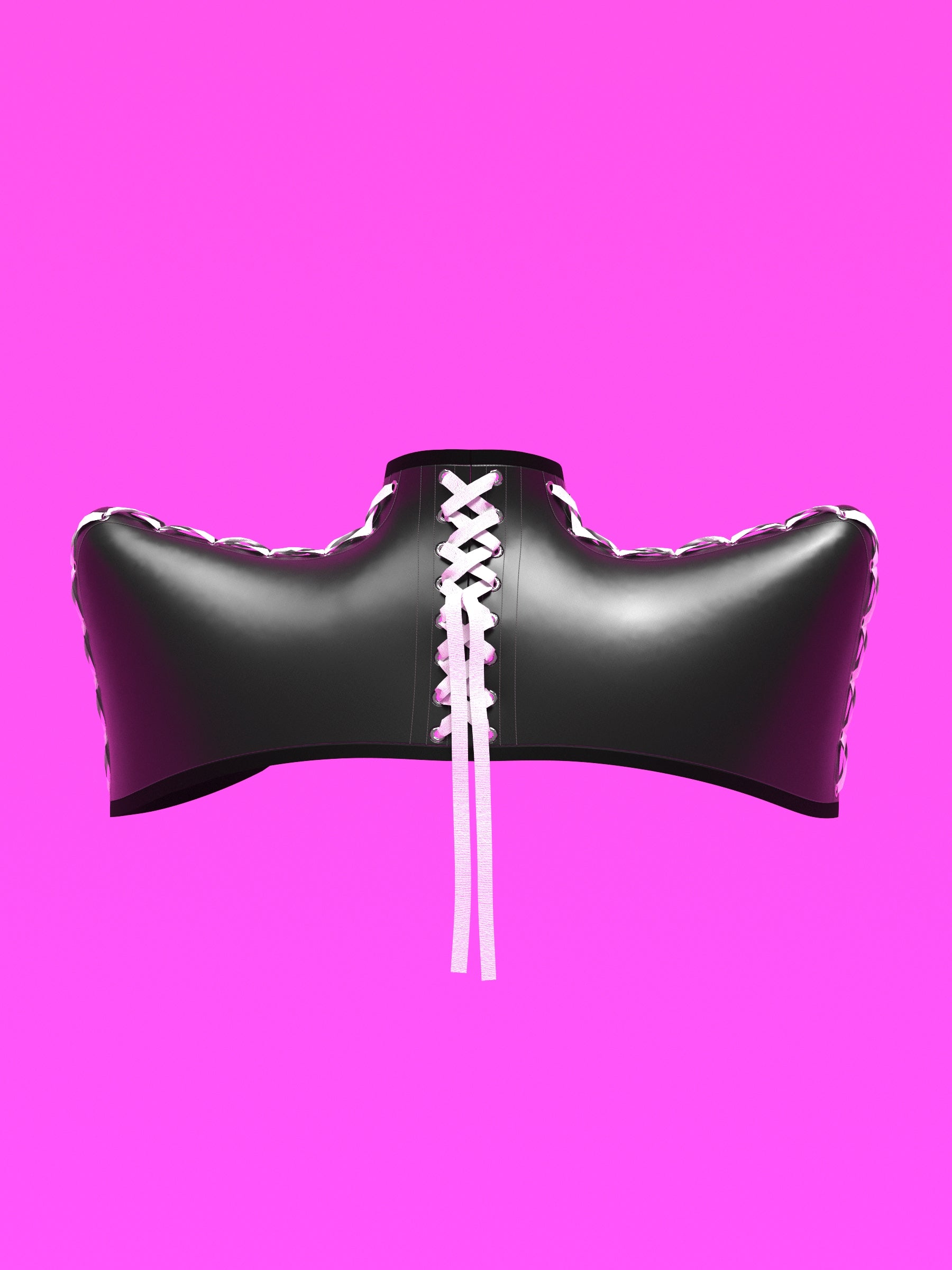 Pointed shoulder neck harness corset sewing pattern with laced up sides and back for drag queens and fetish sexy costume or halloween costume by katkow black garment back