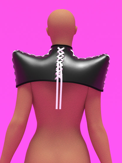 Pointed shoulder neck harness corset sewing pattern with laced up sides and back for drag queens and fetish sexy costume or halloween costume by katkow black garment back