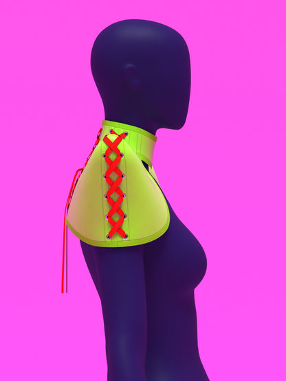 Pointed shoulder neck harness corset sewing pattern with laced up sides and back for drag queens and fetish sexy costume or halloween costume by katkow side