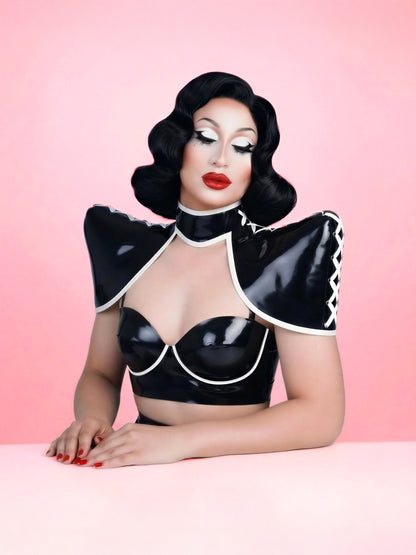 pointed shoulder neck corset sewing pattern latex faux leather harness pattern for drag queens by katkow sourn mandy drag model